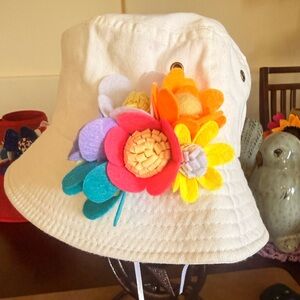 White Bucket Hat with Hand Crafted Flower arrangement Colorful Flower Cluster